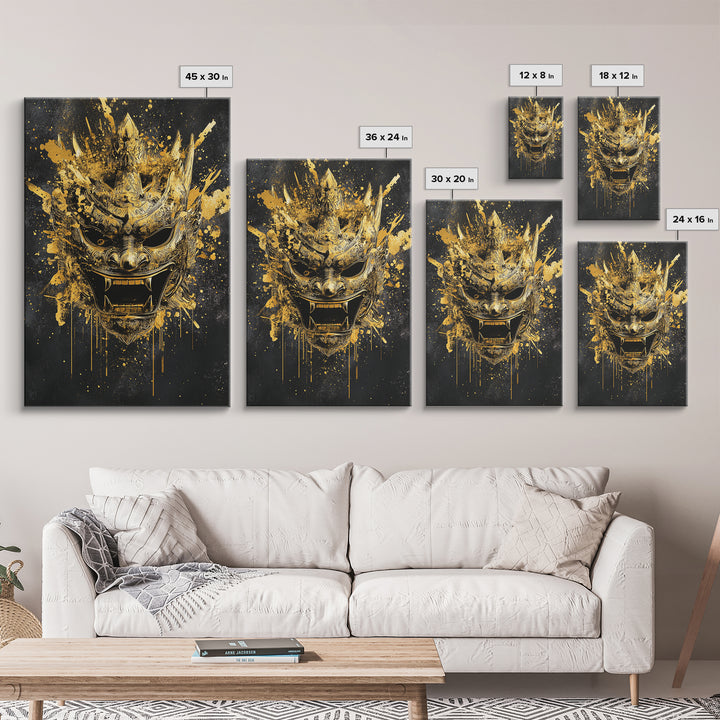 Decorative Tribal Splatter Mask, Gold Canvas Print, Modern Ethnic Wall Decor, Real Wood Frame, Bold Statement Artwork
