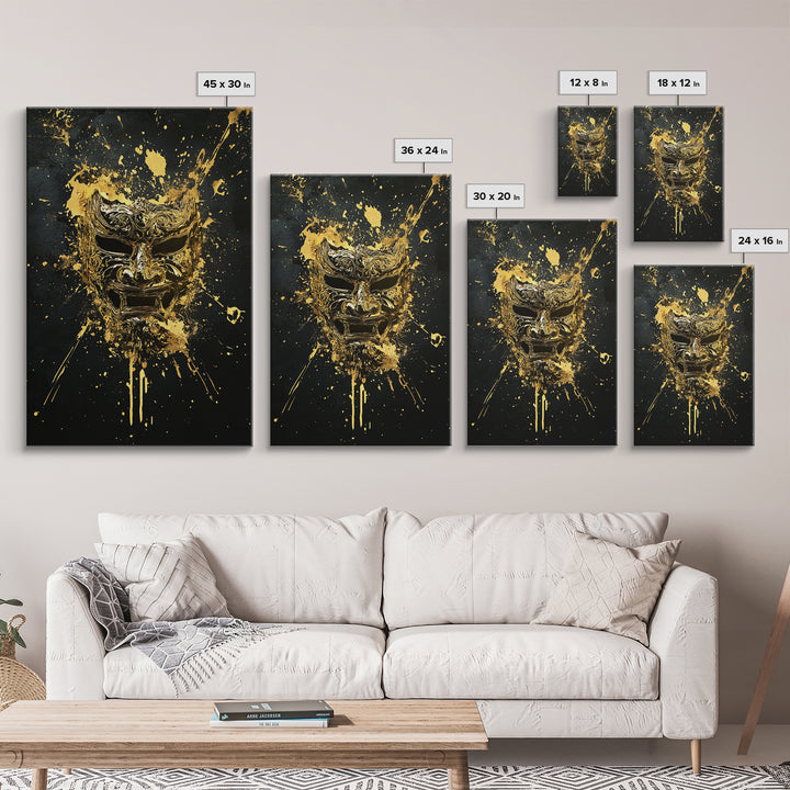 Fierce Demon Mask Gold Canvas Print, Splatter Art Wall Decor, Mythical Wall Art, Real Wood Frame, Tribal Home Accent