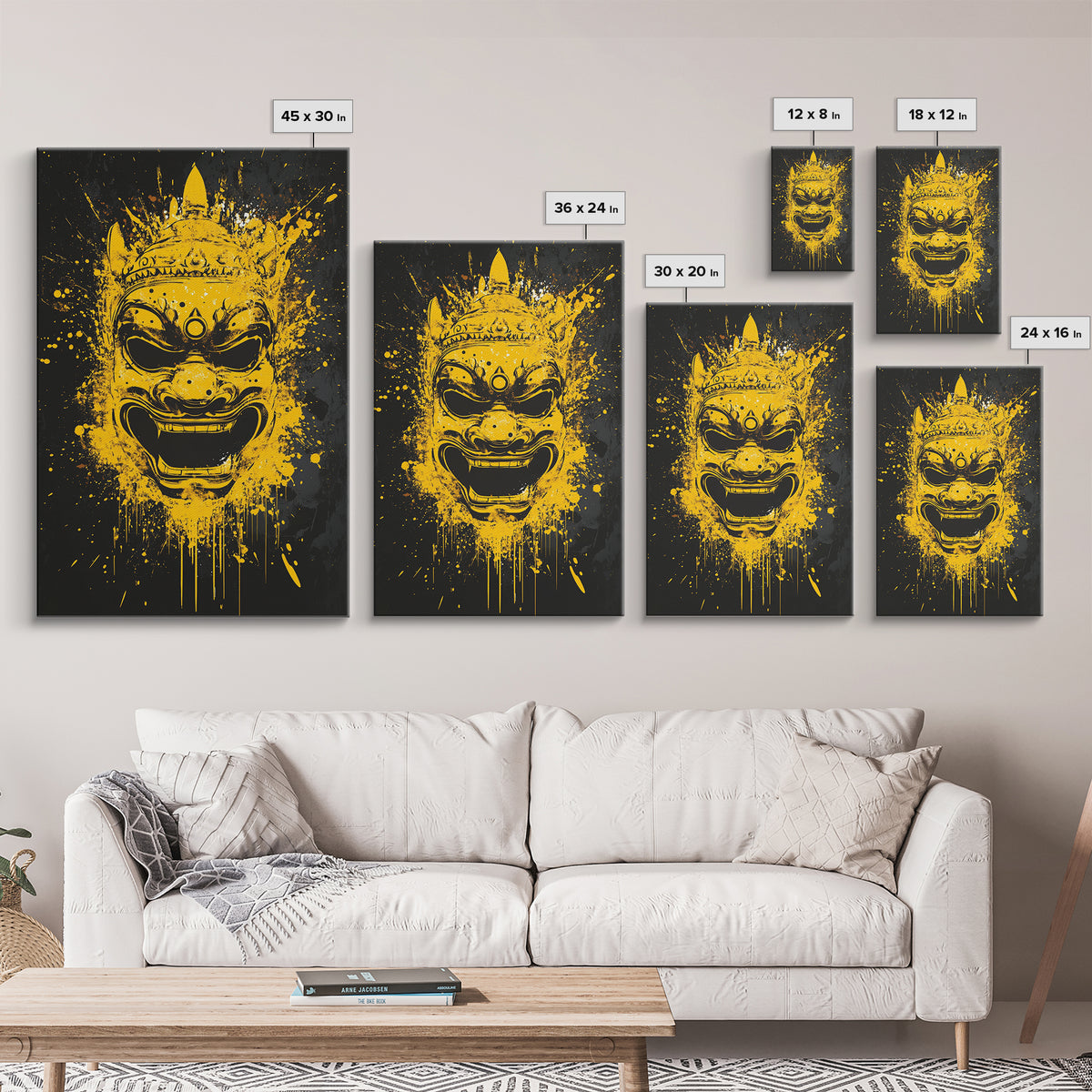 Ancient Warrior Mask Gold Canvas Print, Splatter Style Wall Decor, Bold Wall Art, Real Wood Frame, Mythical Home Accent