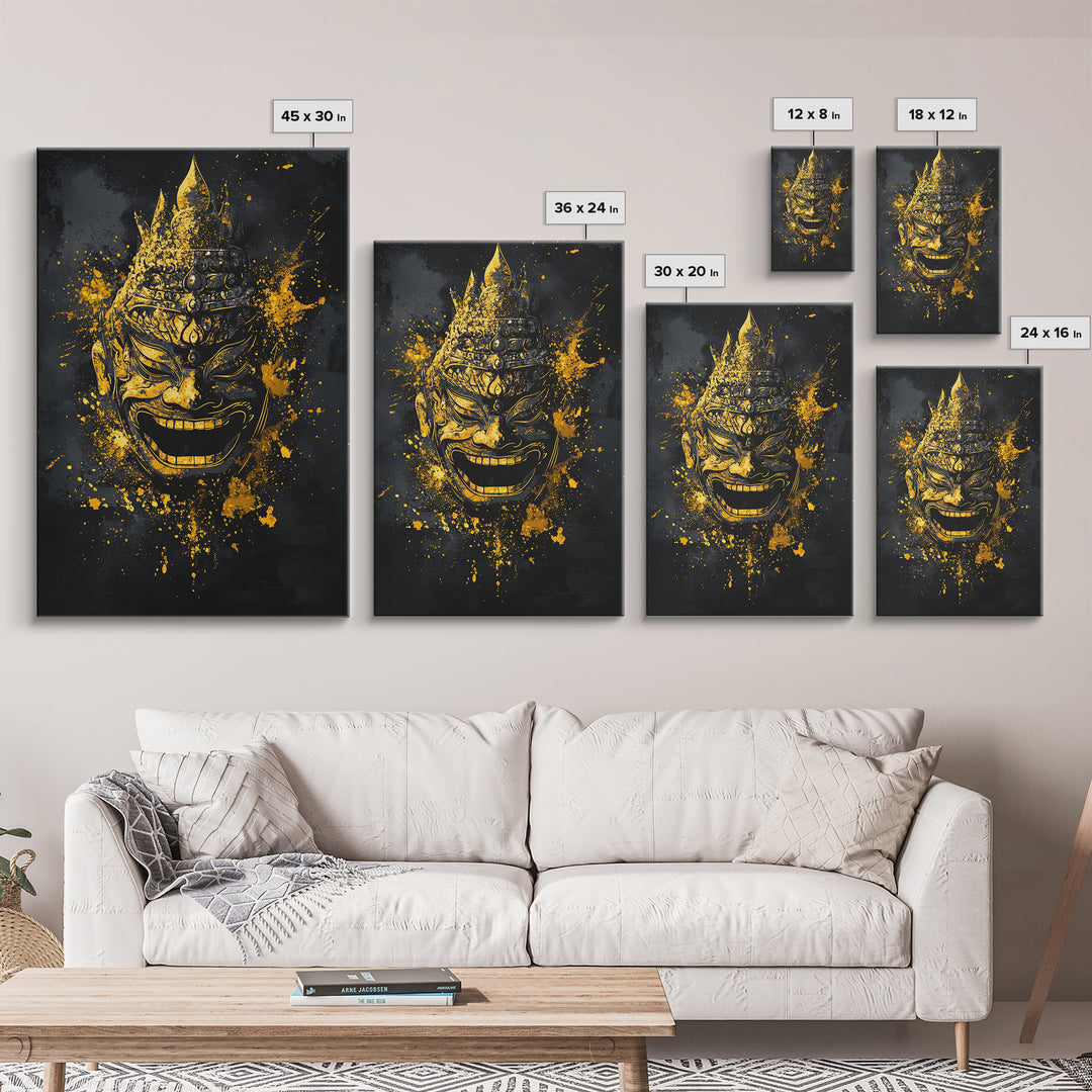 Mythical Demon Mask Gold Canvas Print, Splatter Style Wall Decor, Tribal Inspired Wall Art, Real Wood Frame, Bold Home Accent