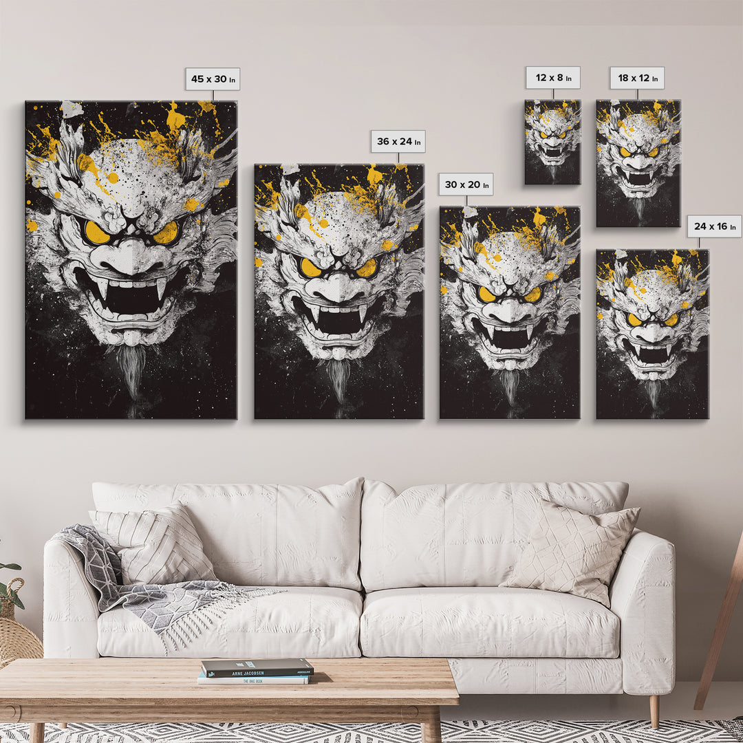Dragon Demon Face Gold Canvas Print, Splatter Style Wall Decor, Fierce Mythical Mask Art, Real Wood Frame, Tribal Home Accent