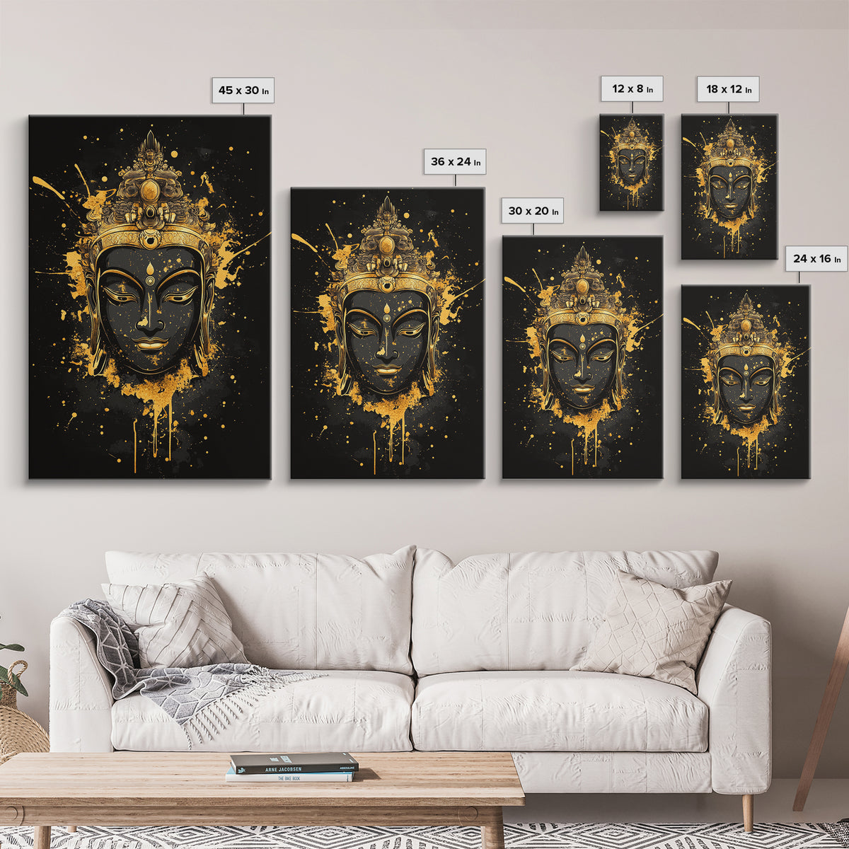 Buddha Head Gold Canvas Print, Sacred Splatter Style Wall Decor, Spiritual Wall Art, Real Wood Frame, Tranquil Home Accent