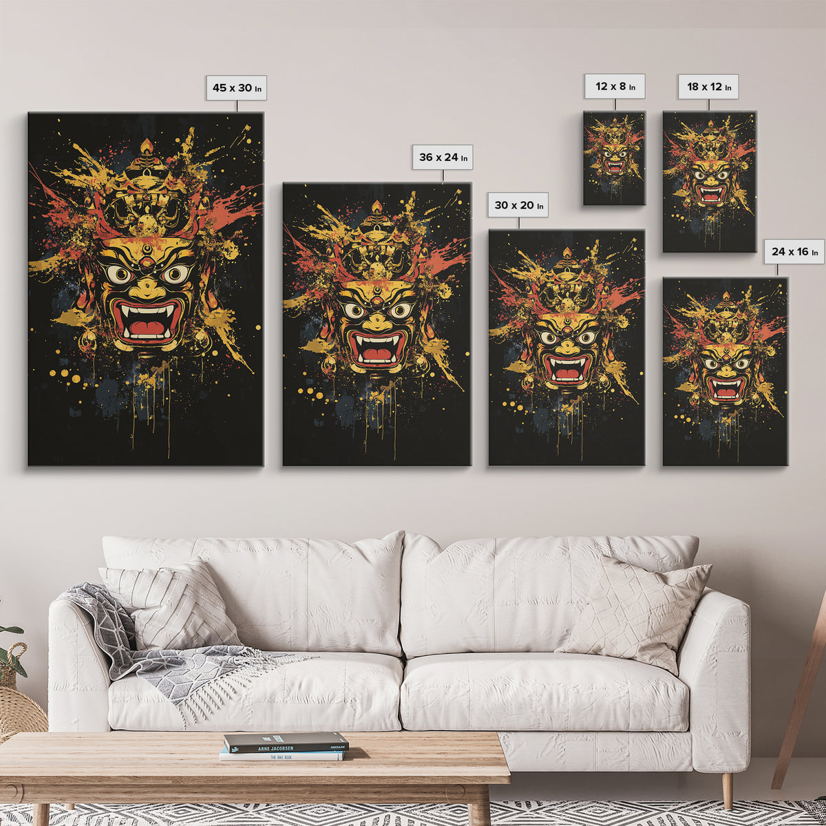Fierce Mask Gold Canvas Print, Splatter Art Wall Decor, Bold Tribal Mythical Face Art, Real Wood Frame, Statement Home Accent