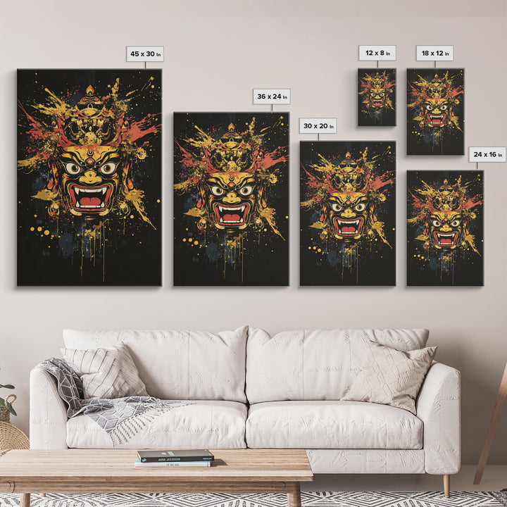 Fierce Mask Gold Canvas Print, Splatter Art Wall Decor, Bold Tribal Mythical Face Art, Real Wood Frame, Statement Home Accent