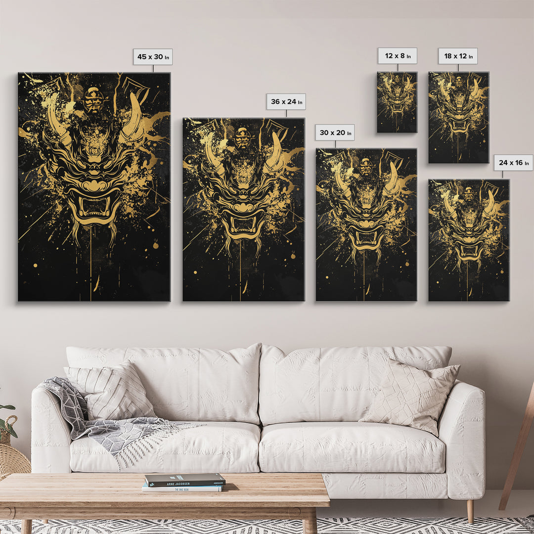 Samurai Demon Mask Gold Canvas Print, Splatter Style Wall Decor, Warrior Inspired Wall Art, Real Wood Frame, Tribal Home Accent