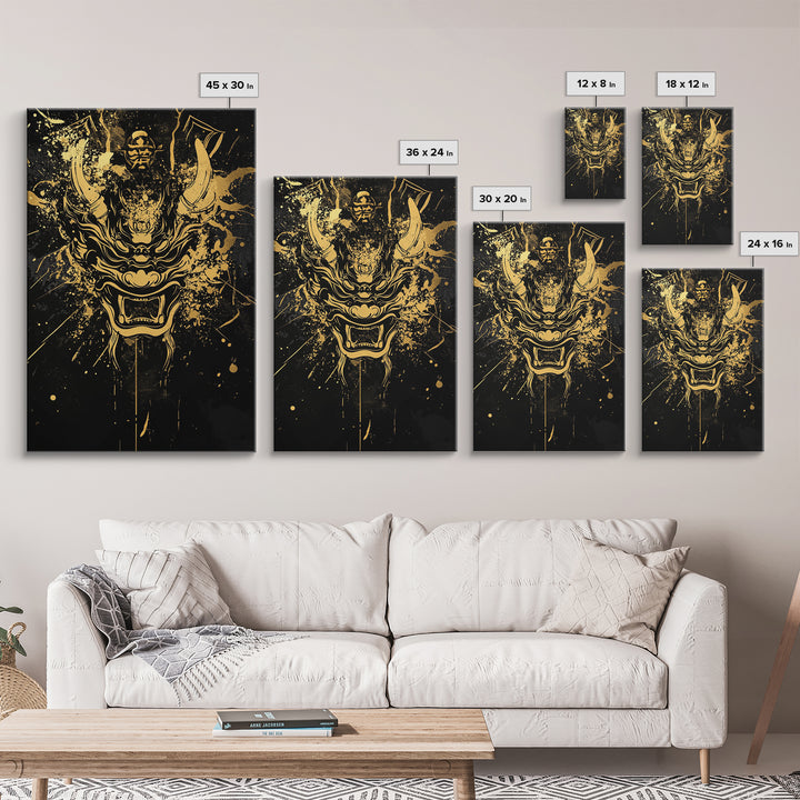 Samurai Demon Mask Gold Canvas Print, Splatter Style Wall Decor, Warrior Inspired Wall Art, Real Wood Frame, Tribal Home Accent