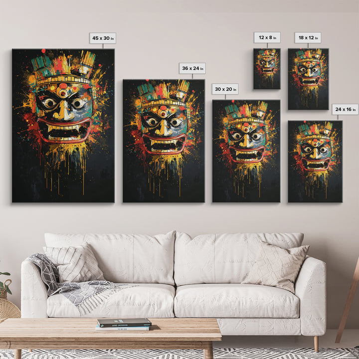 Aztec Warrior Mask Gold Canvas Print, Tribal Wall Art, Splatter Style Decor, Real Wood Frame, Bold Statement Piece