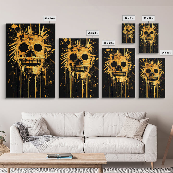 Inca Sun God Mask Gold Canvas Print, Ancient Tribal Wall Art, Splatter Ink Style, Real Wood Frame, Bold Home Decor