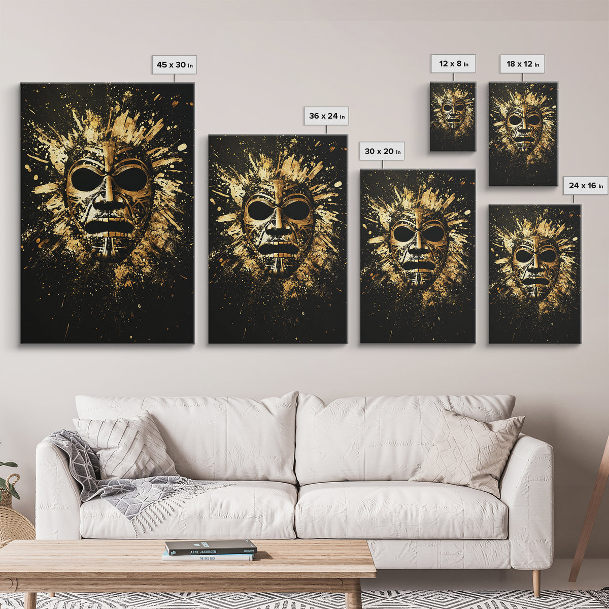 Mayan Ritual Mask Gold Canvas Print, Ancient Tribal Wall Art, Splatter Paint Style, Real Wood Frame, Bold Statement Decor