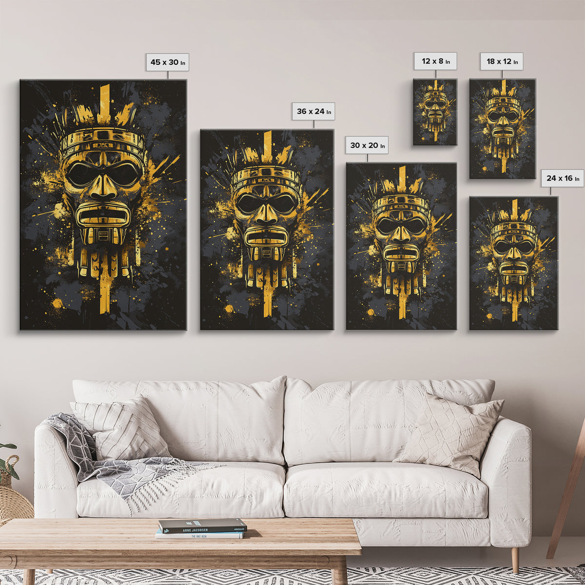 Aztec Chief Mask Gold Canvas Print, Tribal Heritage Wall Art, Splatter Ink Style, Real Wood Frame, Striking Home Accent