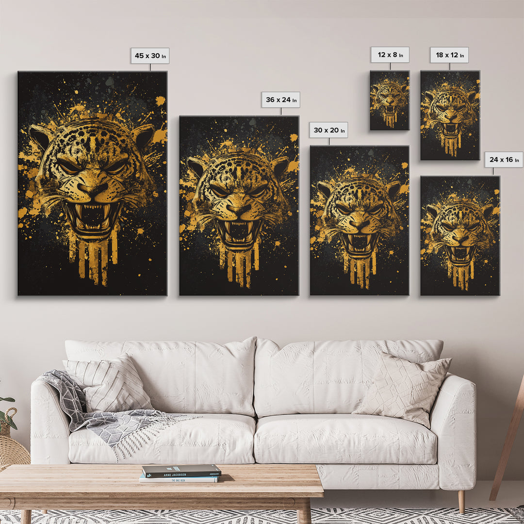 Jaguar Warrior Gold Canvas Print, Aztec Animal Spirit Wall Art, Splatter Ink Style, Real Wood Frame, Fierce Tribal Decor