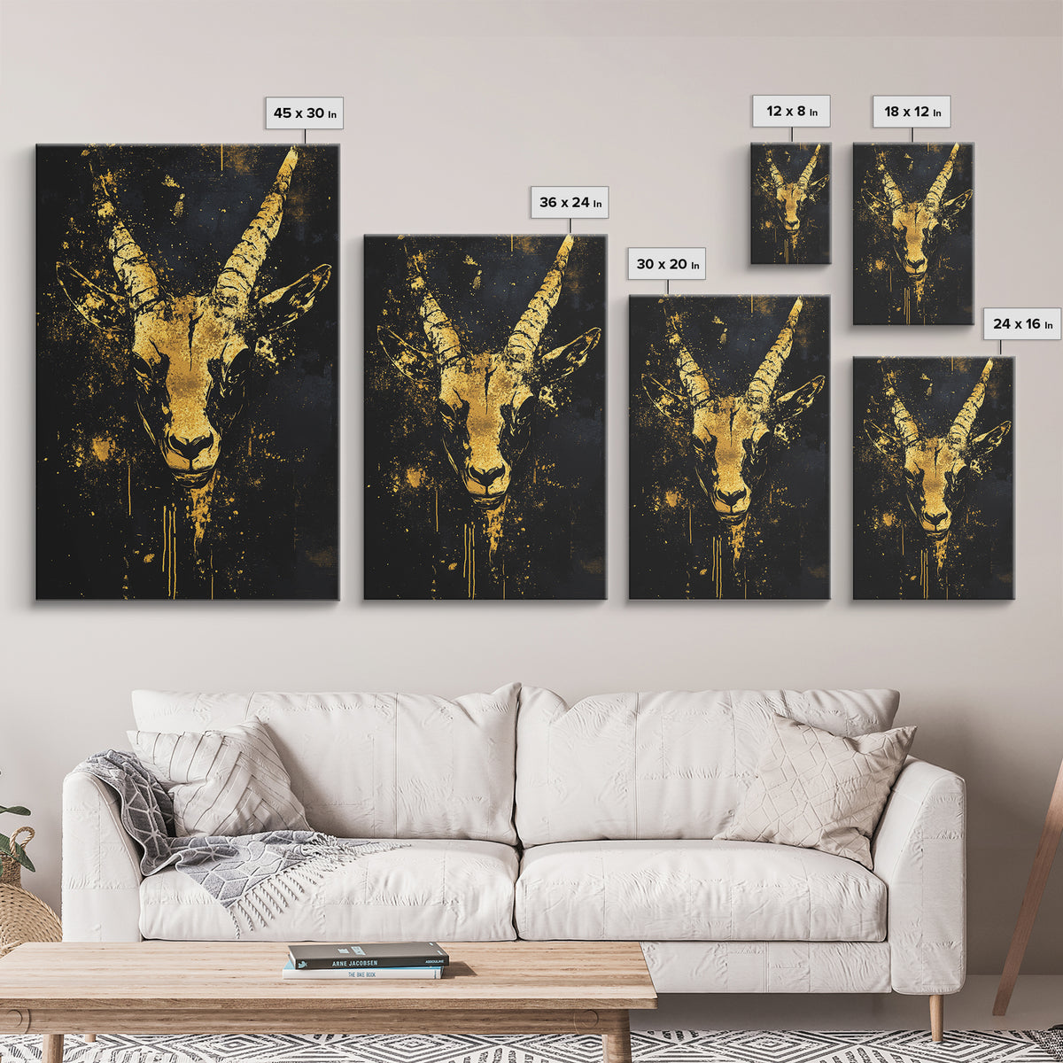 Antelope Spirit Gold Canvas Print, Tribal Wildlife Wall Art, Splatter Style Ink, Real Wood Frame, Minimalist Statement Decor