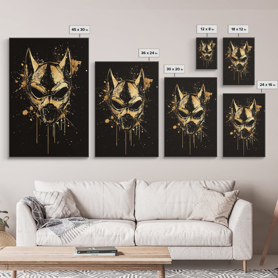 Dog Spirit Mask Gold Canvas Print, Tribal Guardian Wall Art, Splatter Style Ink, Real Wood Frame, Fierce Bold Home Decor