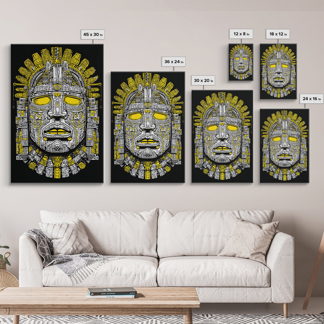 Aztec Sun Mask Gold Canvas Print, Bold Tribal Face Artwork, Ancient Splatter Style Wall Decor, Real Wood Frame