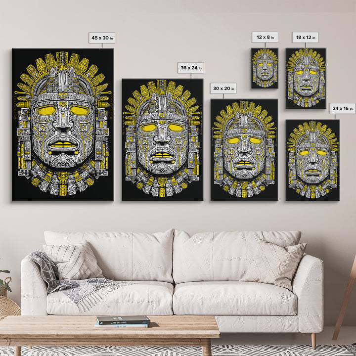 Aztec Sun Mask Gold Canvas Print, Bold Tribal Face Artwork, Ancient Splatter Style Wall Decor, Real Wood Frame