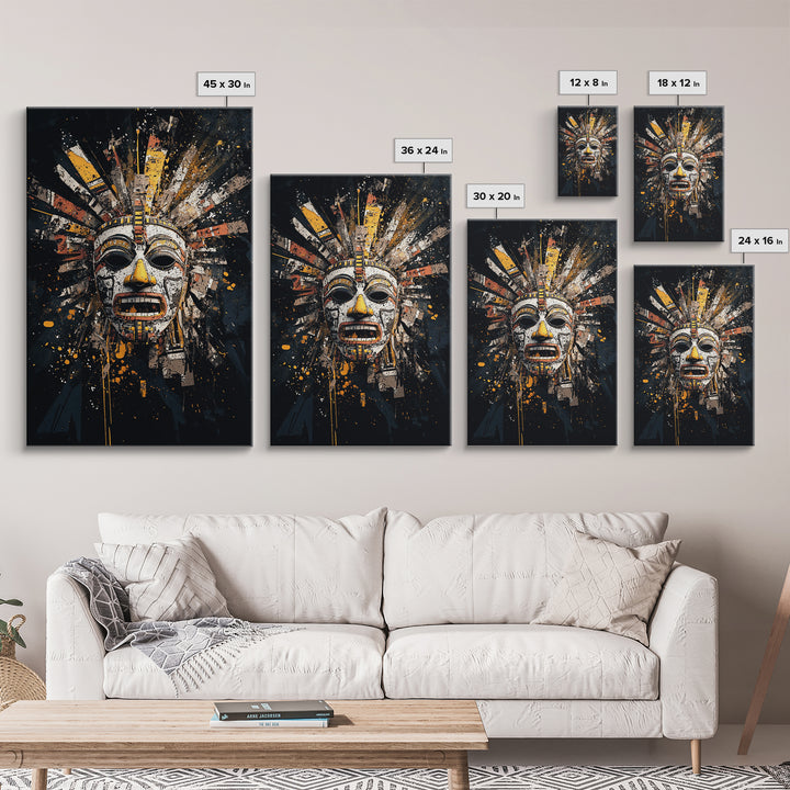 Aztec Feather Headdress Gold Canvas Print, Ornate Tribal Face Artwork, Mythic Wall Decor, Real Wood Frame