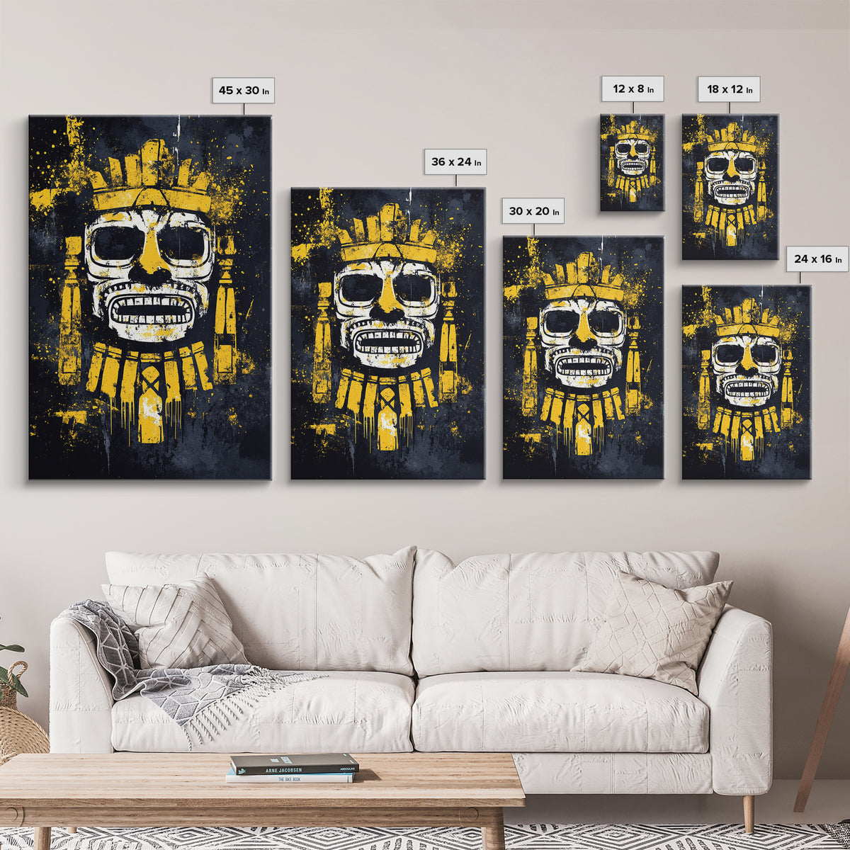 Aztec Feathered Warrior Gold Canvas Print, Ornate Tribal Face Artwork, Ancient Wall Decor, Real Wood Frame
