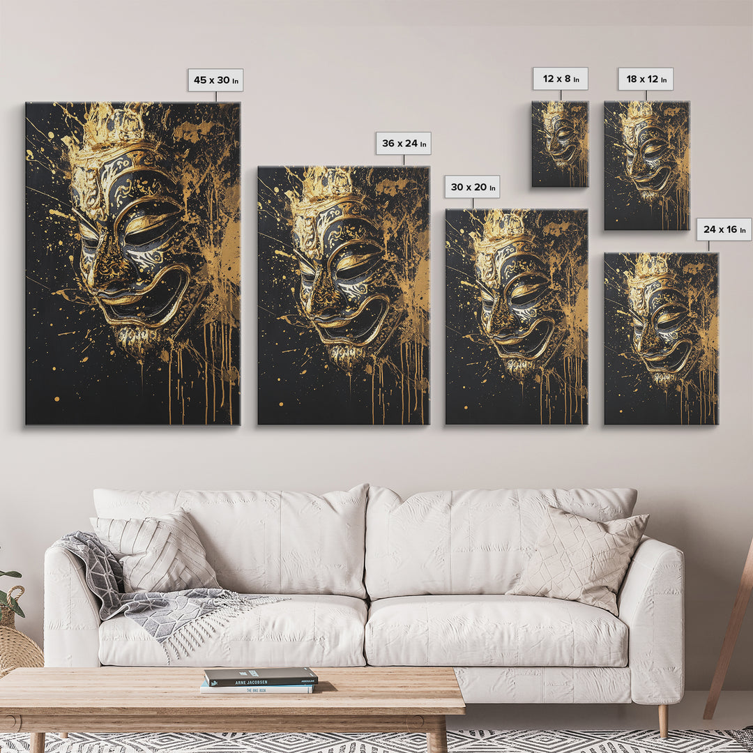 Traditional Mask Gold Canvas Art, Intricate Wall Art, Cultural Spirit Artwork, Real Wood Frame, Unique Splatter Pattern Home Decor