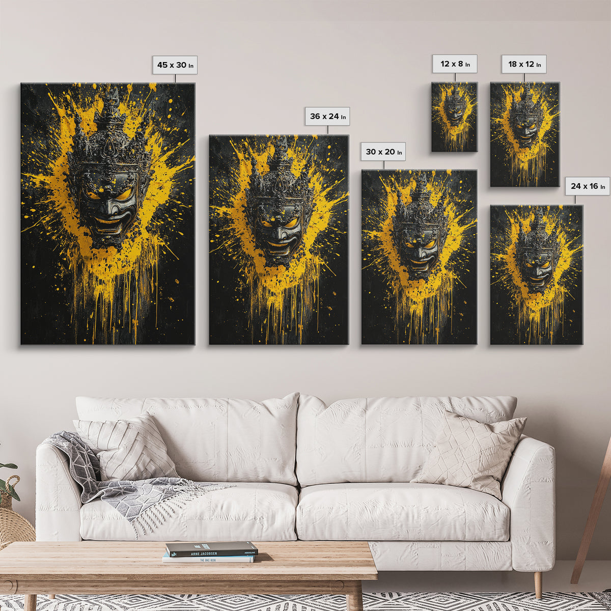 Tribal Mask Gold Canvas Print, Modern Splatter Art, Cultural Wall Decor, Bold Tribal Artwork, Real Wood Framed
