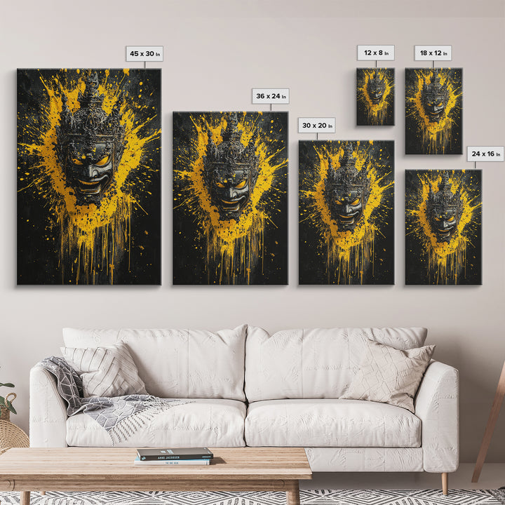 Tribal Mask Gold Canvas Print, Modern Splatter Art, Cultural Wall Decor, Bold Tribal Artwork, Real Wood Framed