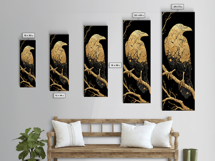 Odin’s Raven Huginn Canvas Gold Art Canvas Art, Norse Mythology Viking Wall Decor for Office or Man Cave, framed with real wood