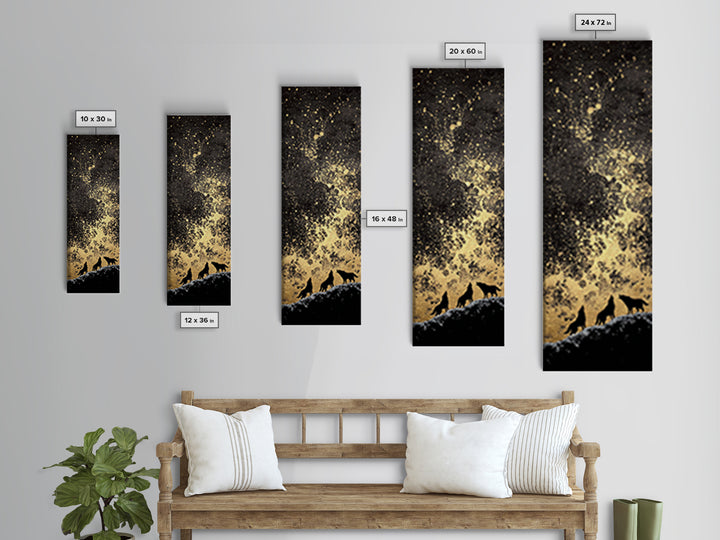 Howling Wolves Norse Night Canvas Gold Art Canvas Art, Nordic Mythology Wall Art for Men’s Office, framed with real wood