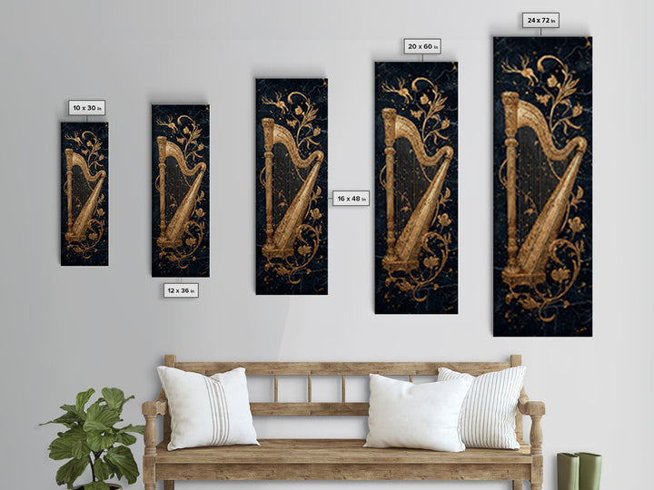 Golden Harp Nordic Wall Art, Wood Framed Canvas Art, Canvas Gold Art, Gold Leaf, Gold Foil Art