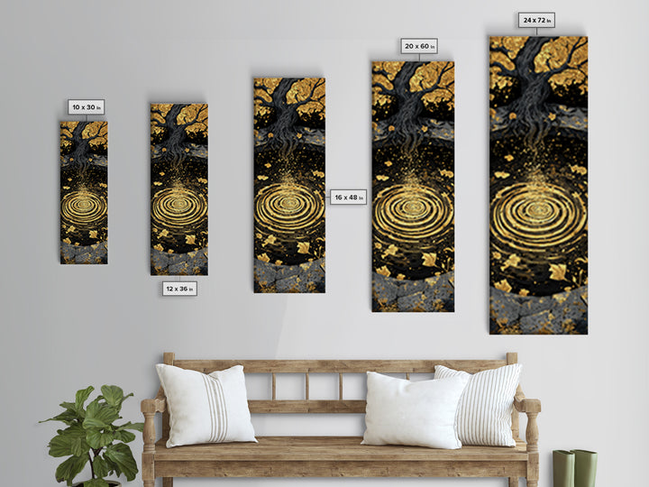 Yggdrasil Tree Canvas Gold Art Canvas Art | Nordic Mythology Wall Art of World Tree | Viking Office Decor Framed with Natural Wood