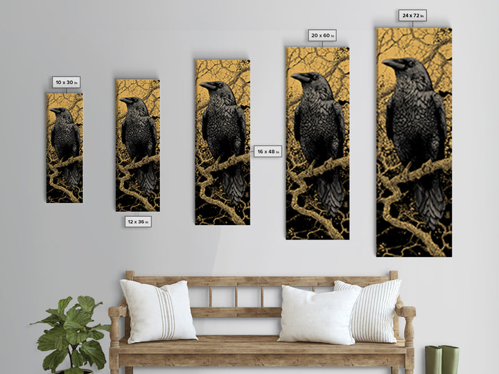 Hugin Raven Canvas Gold Art Canvas Art | Nordic Mythology Wall Decor of Odin’s Raven | Viking Office Art Framed in Natural Wood