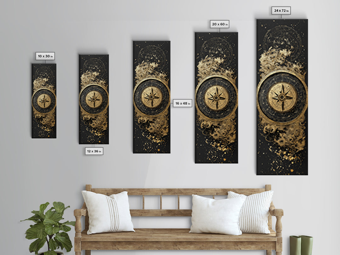 Golden Compass Nordic Wall Art, Wood Framed Canvas Art, Canvas Gold Art, Gold Leaf, Gold Foil Art