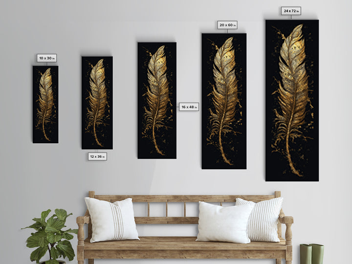 Canvas Gold Art Viking Rune Feather Canvas Art, Nordic Mythology Wall Decor for Office or Man Cave, framed in natural wood