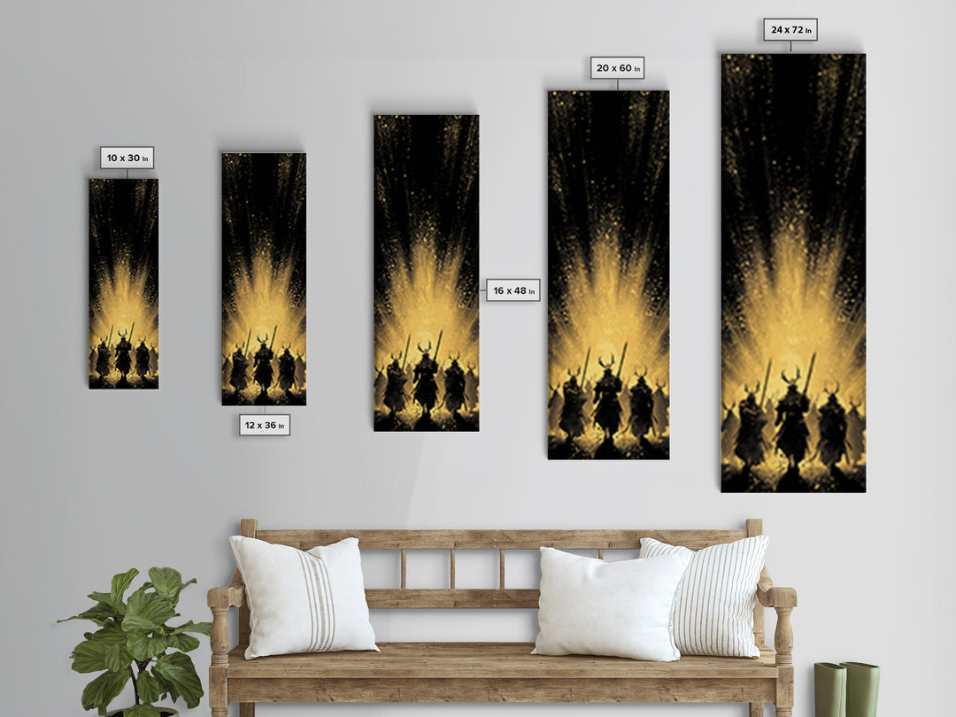 Norse Mythology Canvas Gold Art of Einherjar Warriors, Viking Canvas Art for Dad Gift or Office Art, Nordic Battle Scene Framed in Natural Wood