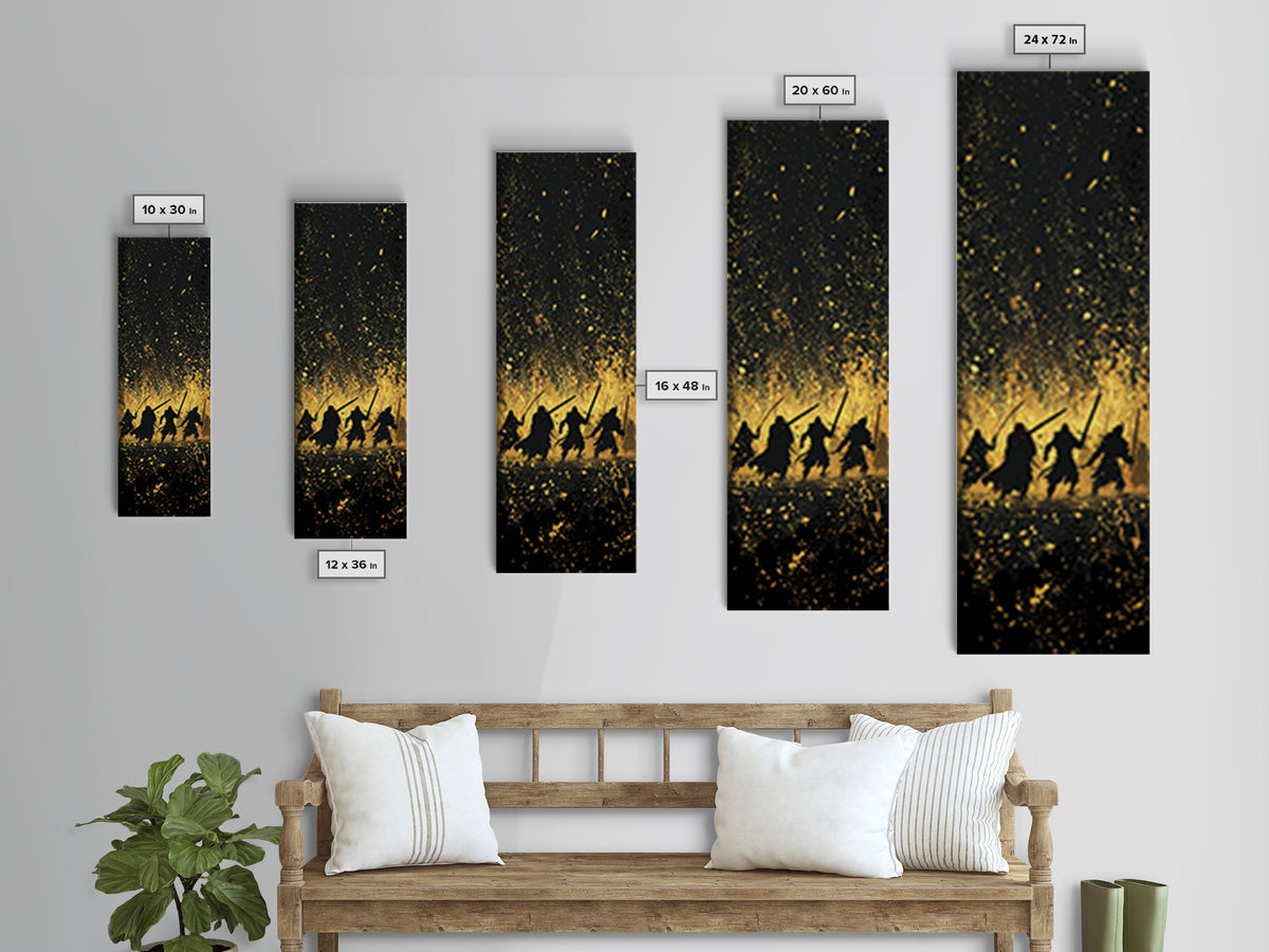 Viking Warriors Canvas Gold Art, Norse Mythology Canvas Art Depicting Heroic Einherjar, Man Cave and Office Wall Decor with Real Wood Framing