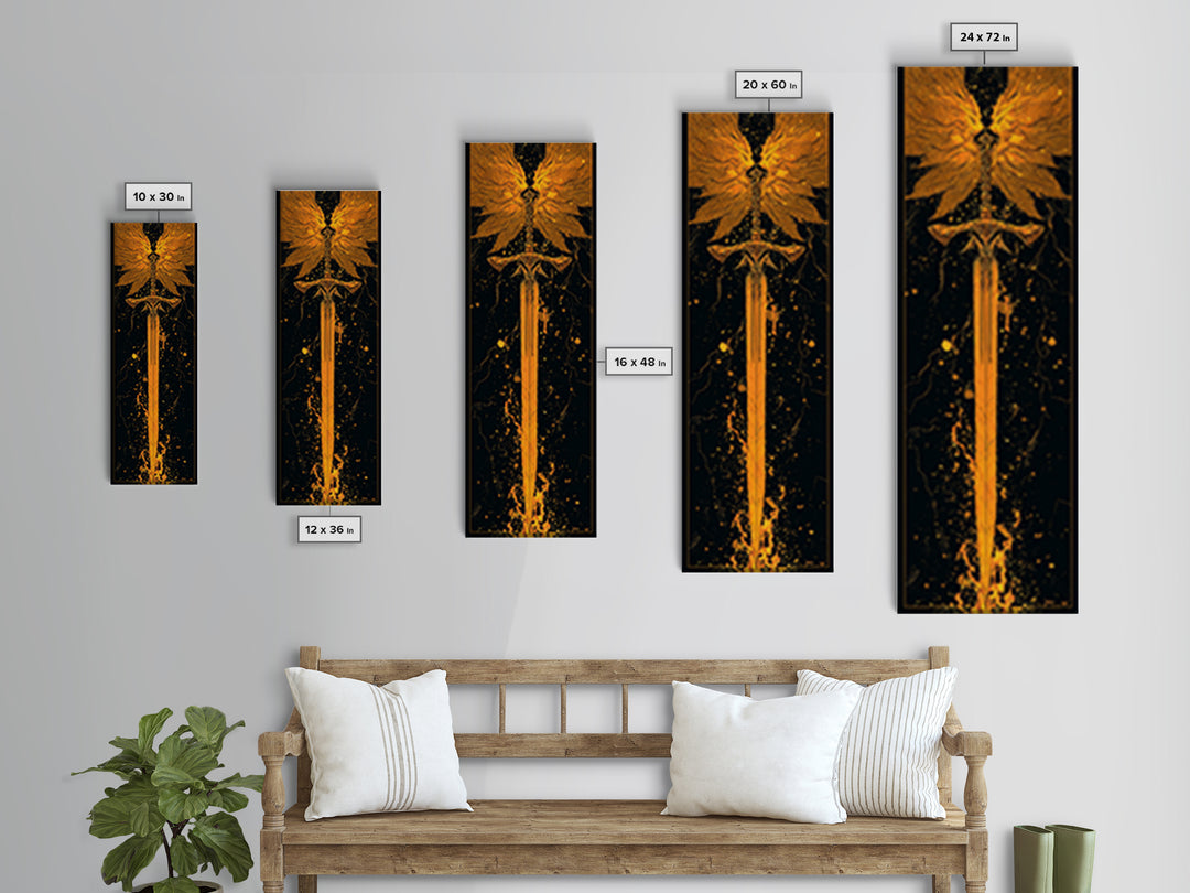 Norse Viking Sword Canvas Gold Art, Nordic Mythology Canvas Art Featuring Golden Weapon, Man Cave Office Wall Decor with Elegant Natural Wood Frame