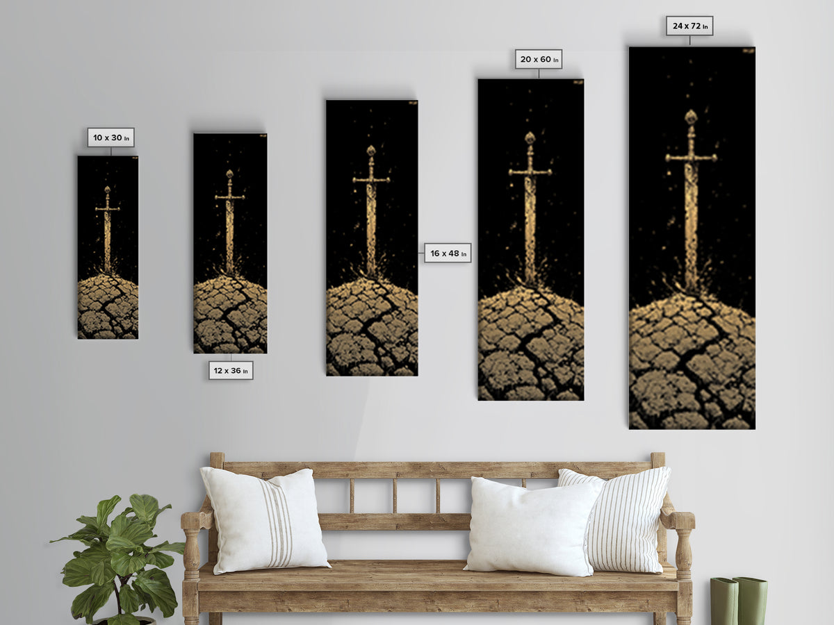 Sword of the North Canvas Gold Art – Viking Mythology Canvas Art for Man Cave or Office, framed in natural real wood