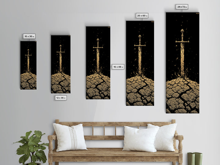 Sword of the North Canvas Gold Art – Viking Mythology Canvas Art for Man Cave or Office, framed in natural real wood