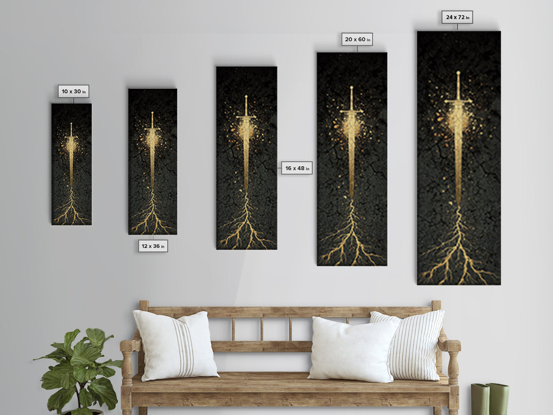 Canvas Gold Art of Runic Viking Sword – Nordic Mythology Canvas Art, Norse Decor with real wood frame, perfect Dad Gift