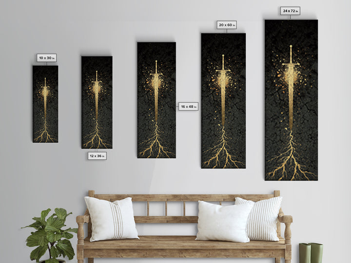 Canvas Gold Art of Runic Viking Sword – Nordic Mythology Canvas Art, Norse Decor with real wood frame, perfect Dad Gift