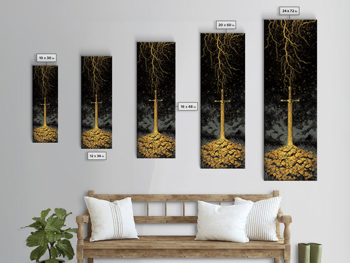 Storm-Forged Viking Sword Canvas Gold Art – Striking Nordic Mythology Canvas Art with lightning, real wood frame included