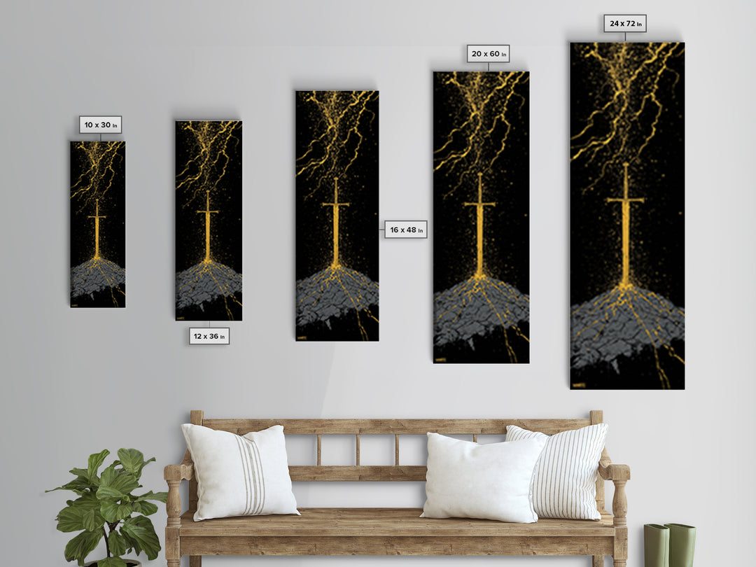 Viking Sword Under Thunder Canvas Gold Art – Nordic Mythology Canvas Art, bold wall décor for office, with real wood frame