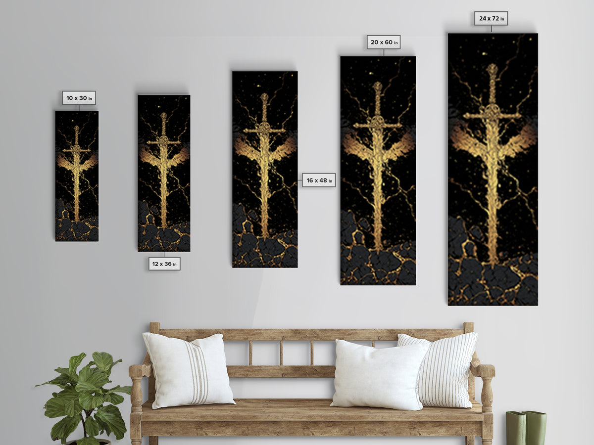 Golden Sword Canvas Gold Art, Norse Mythology Viking Canvas Art Depicting Mythic Blade, Office Art or Man Cave Decor in Real Wood Framing