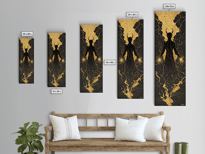 Loki Trickster God Canvas Gold Art – Dark Norse Mythology Canvas Art, Viking wall décor for men, framed in solid real wood