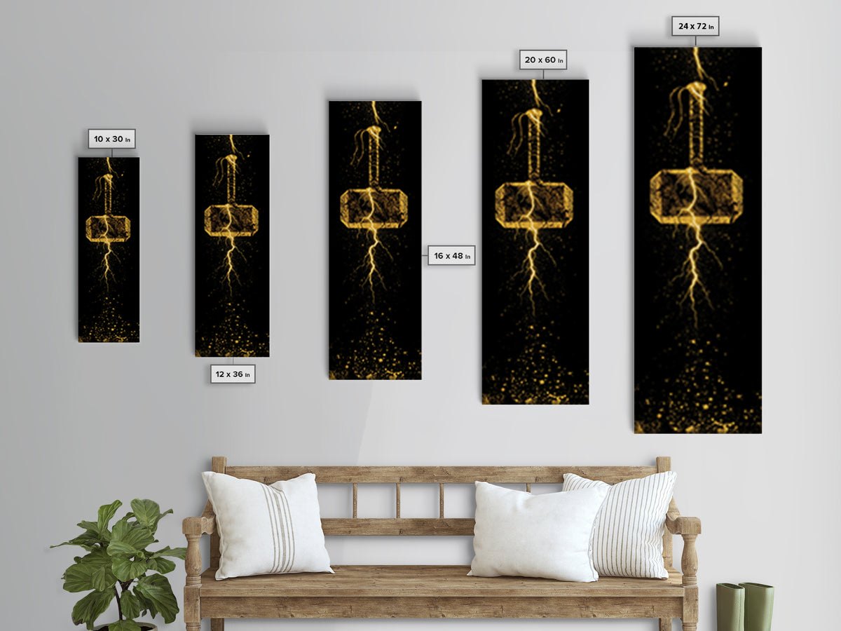 Thor’s Hammer Mjolnir Canvas Gold Art, Viking Canvas Art Norse Mythology Wall Decor, Office or Man Cave Artwork in Real Wood Frame