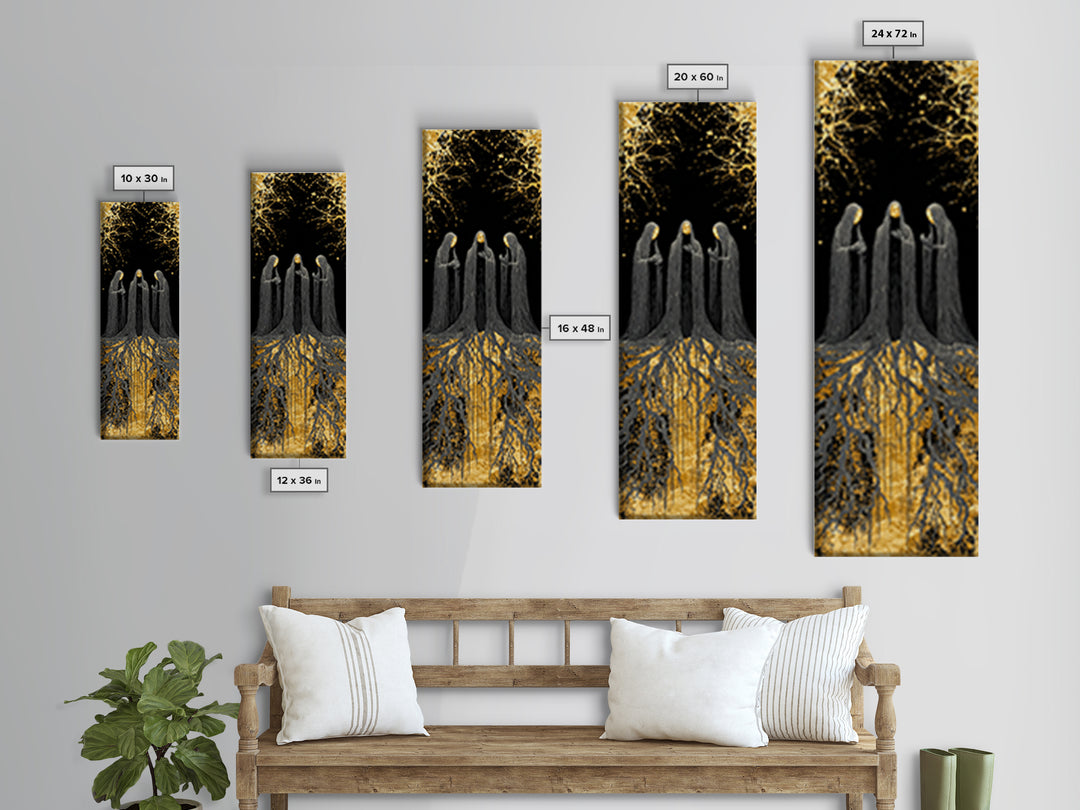 The Norns Canvas Gold Art, Viking Canvas Art of Norse Fates, Nordic Mythology Wall Hanging, Spiritual Office Art with Real Wood Frame