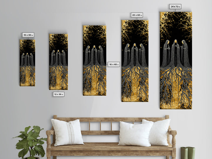 The Norns Canvas Gold Art, Viking Canvas Art of Norse Fates, Nordic Mythology Wall Hanging, Spiritual Office Art with Real Wood Frame