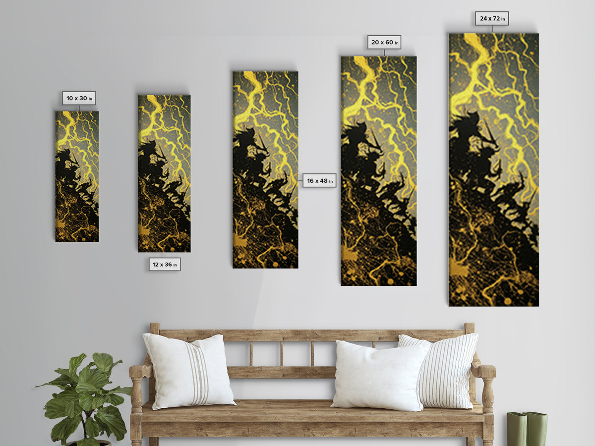 Ragnarok Canvas Gold Art, Viking Canvas Art Epic Norse Mythology Battle Scene, Nordic Warrior Office Wall Decor Framed in Natural Wood