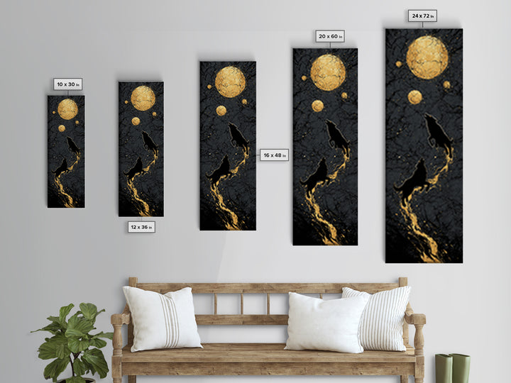 Sköll and Hati Wolves Canvas Gold Art, Viking Canvas Art Norse Mythology Wall Decor, Nordic Moon Wolves Office or Man Cave in Wood Frame