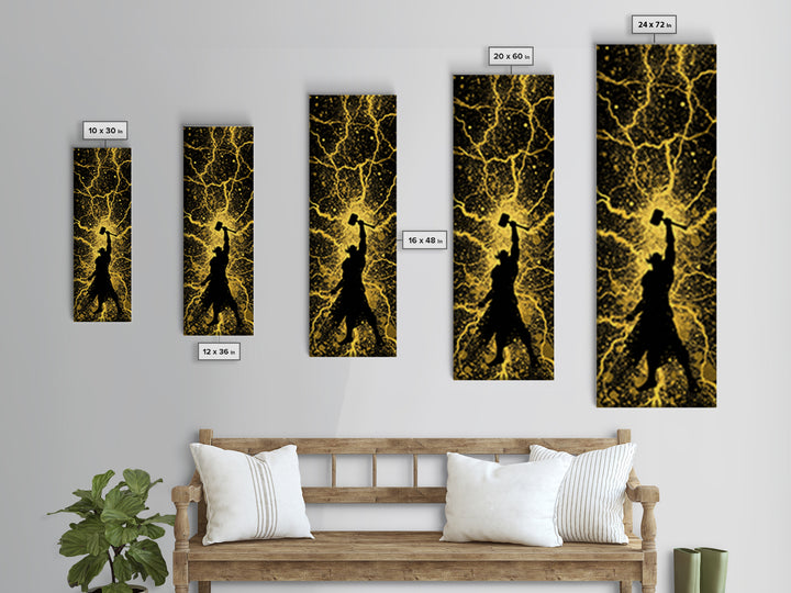 Thor Canvas Gold Art, Viking Canvas Art Norse God of Thunder Wall Decor, Nordic Mythology Office or Man Cave Art in Real Wood Frame