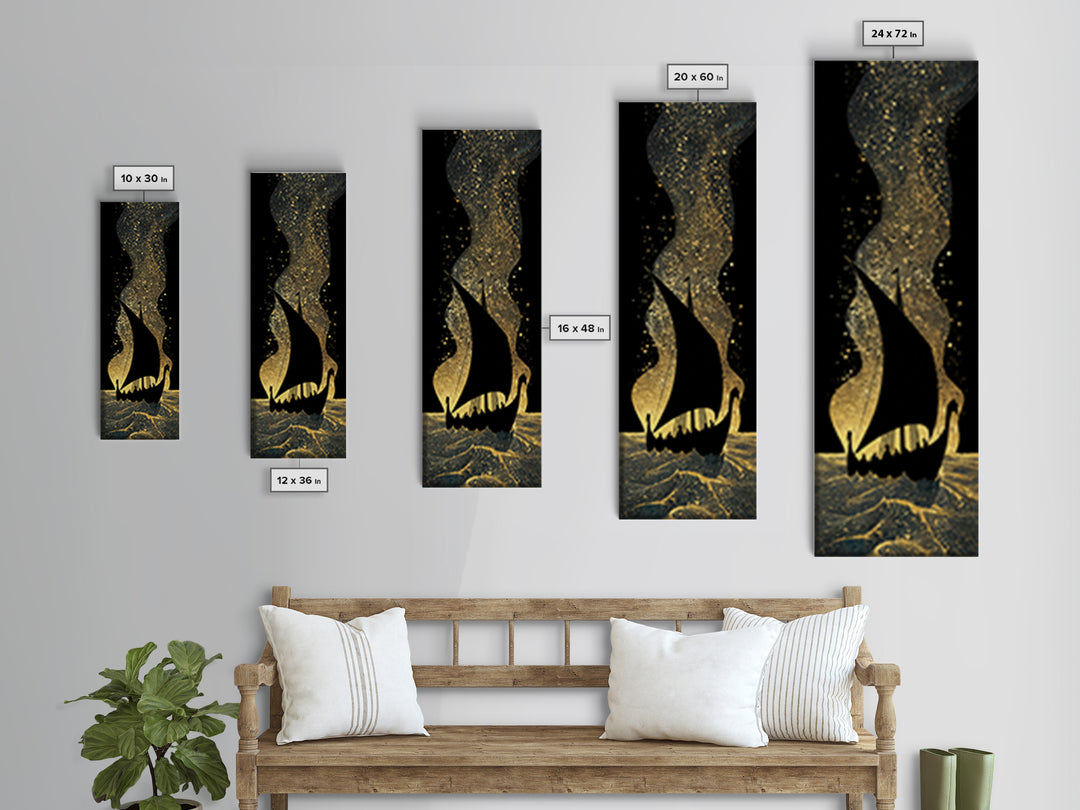 Nordic Viking Ship Canvas Gold Art, Mythology Inspired Canvas Art for Office or Man Cave, framed in authentic wood craftsmanship