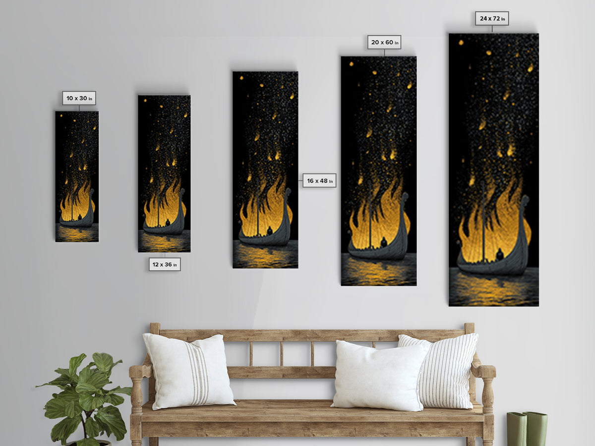 Viking Funeral Ship Canvas Gold Art, Norse Mythology Canvas Art framed with real wood, Nordic man cave wall art gift idea